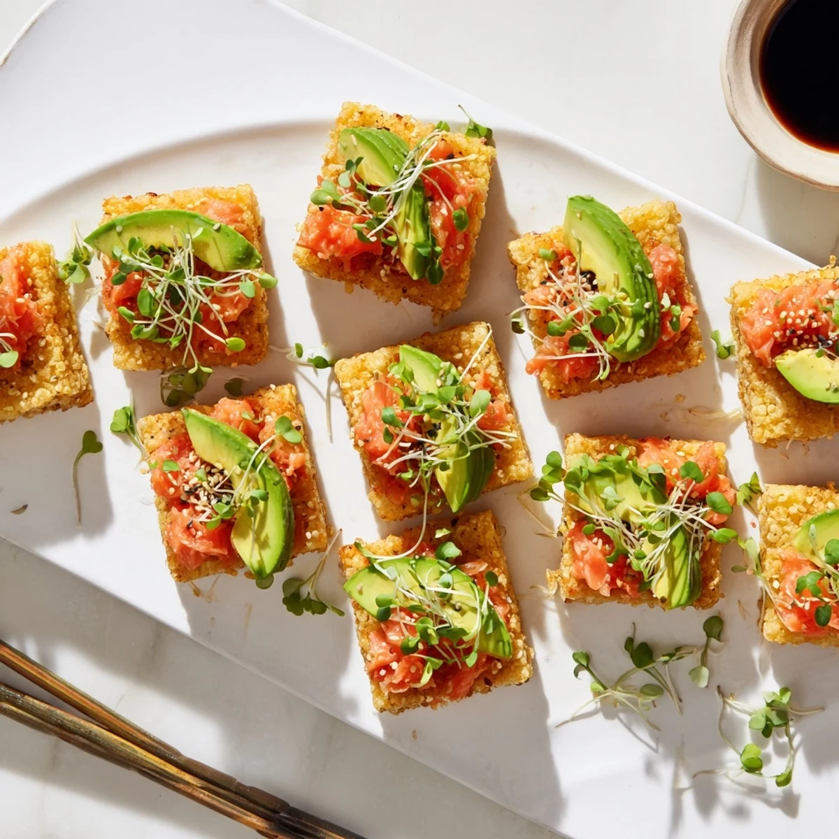 Japanese-inspired appetizer featuring pan-fried sushi rice with diced spicy salmon and fresh garnishes