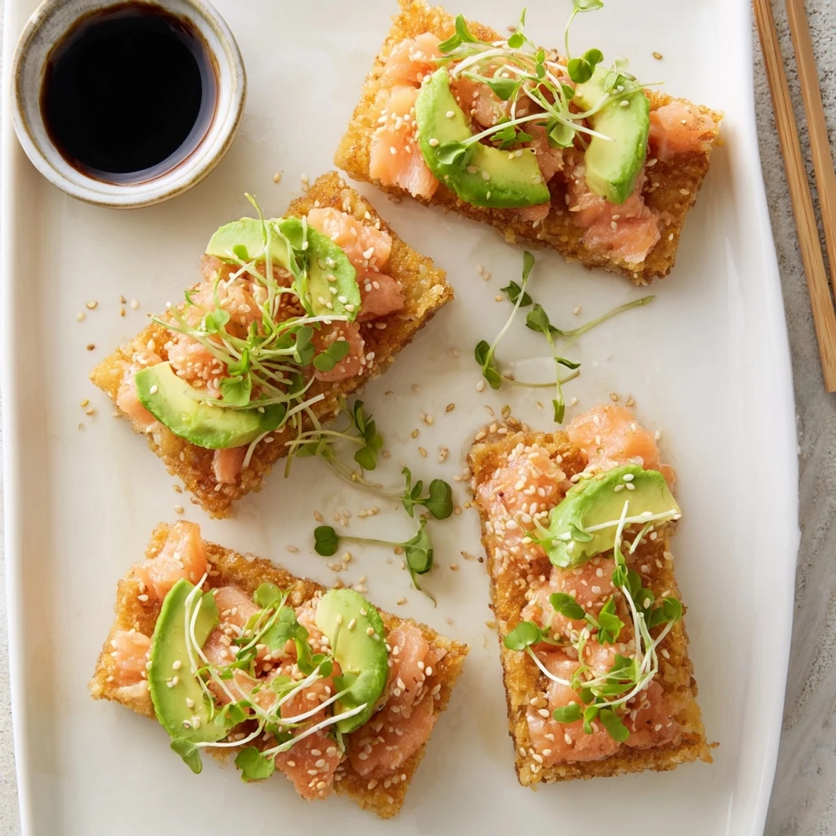 Golden brown crispy rice squares topped with spicy salmon and creamy avocado slices
