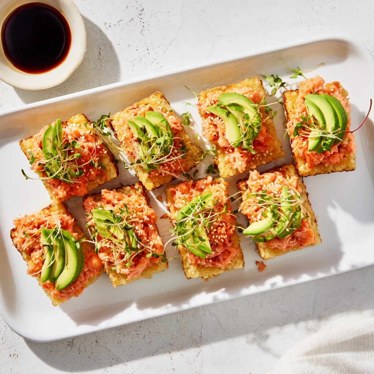 Crispy pan-fried rice bites crowned with seasoned salmon, avocado, and toasted sesame seeds