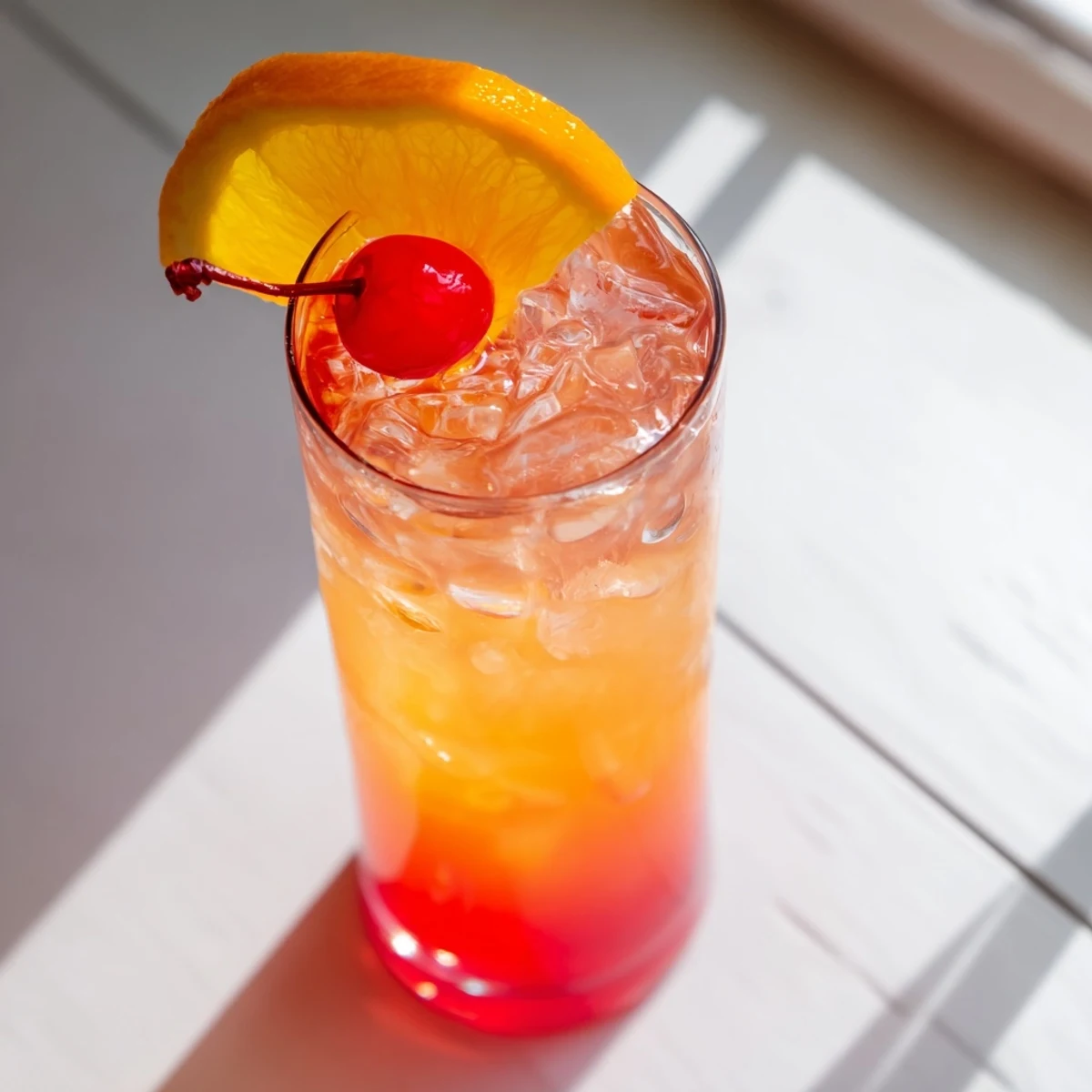 Refreshing Easy Shirley Temple Drink showcasing rosy gradient, ice cubes, and bright red cherry garnish