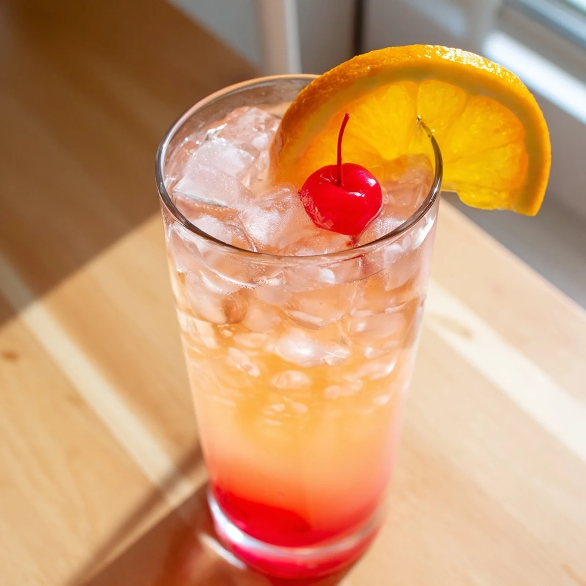 Tall glass of Easy Shirley Temple Drink with grenadine swirl and maraschino cherry on top