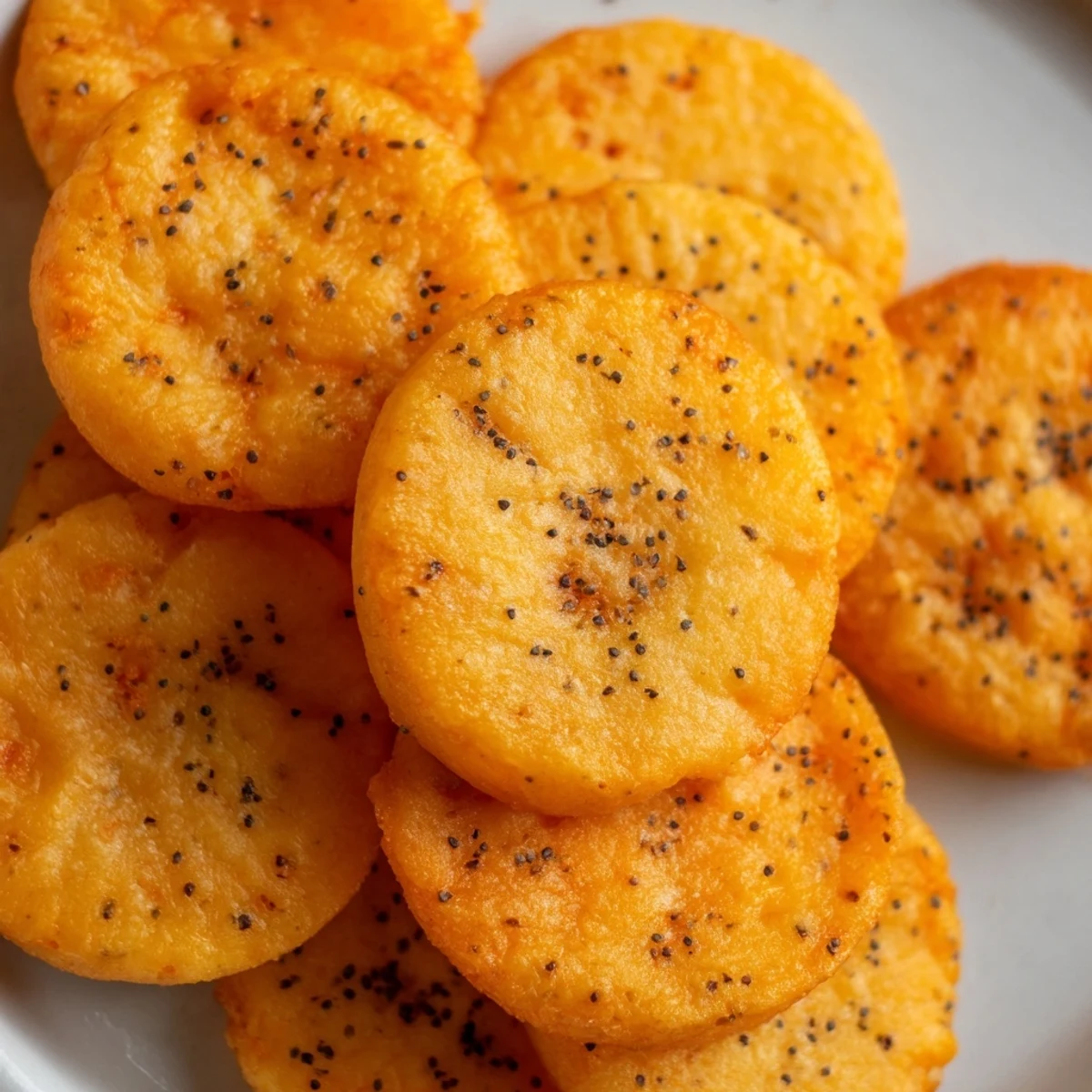 Golden baked cheddar cheese coins arranged on a white serving platter, garnished with poppy seeds