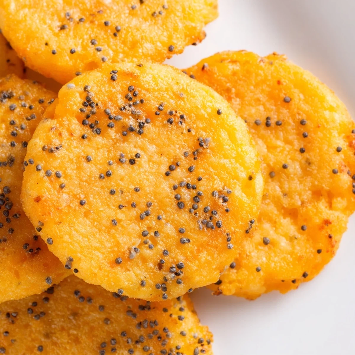 Stack of savory cheddar cheese coins on a rustic wooden board, perfect for party appetizers