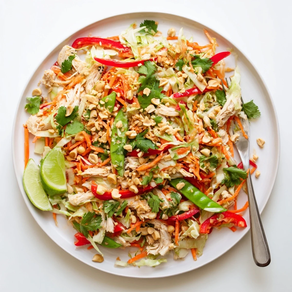 Fresh no cook Asian chicken salad with colorful vegetables and zesty sesame-ginger dressing in a white bowl.