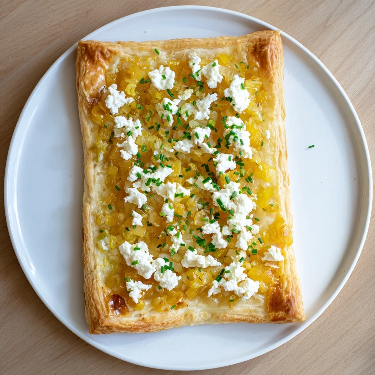 Warm caramelized onion and goat cheese tarts served on white plate with chive sprinkles