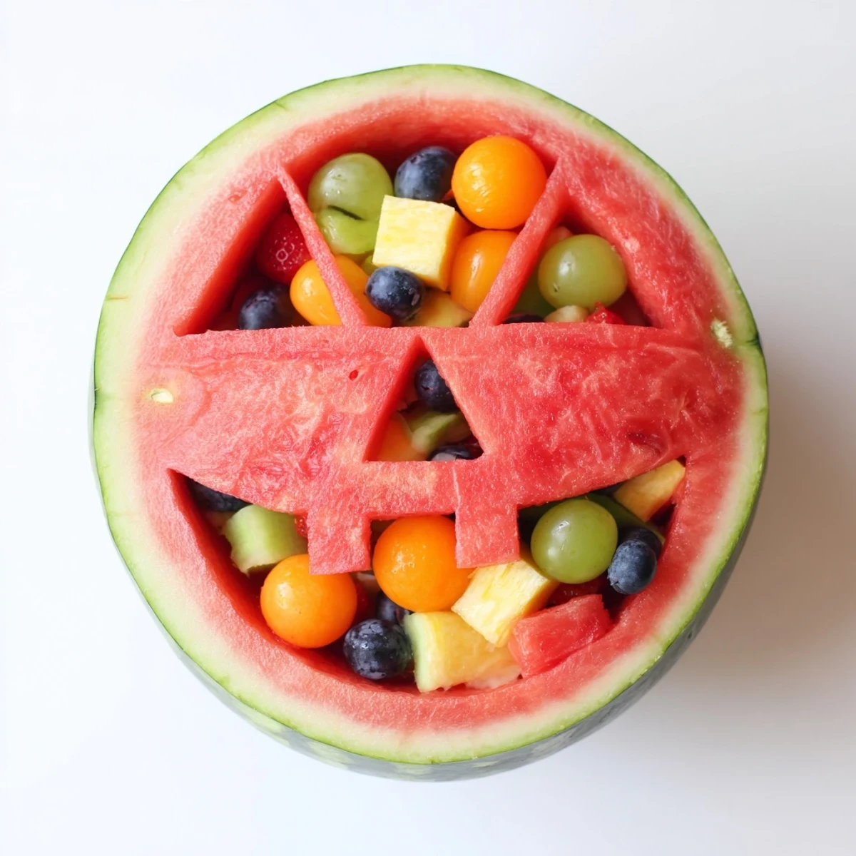 Carved watermelon Jack O Lantern bowl overflowing with colorful fresh melon and berries