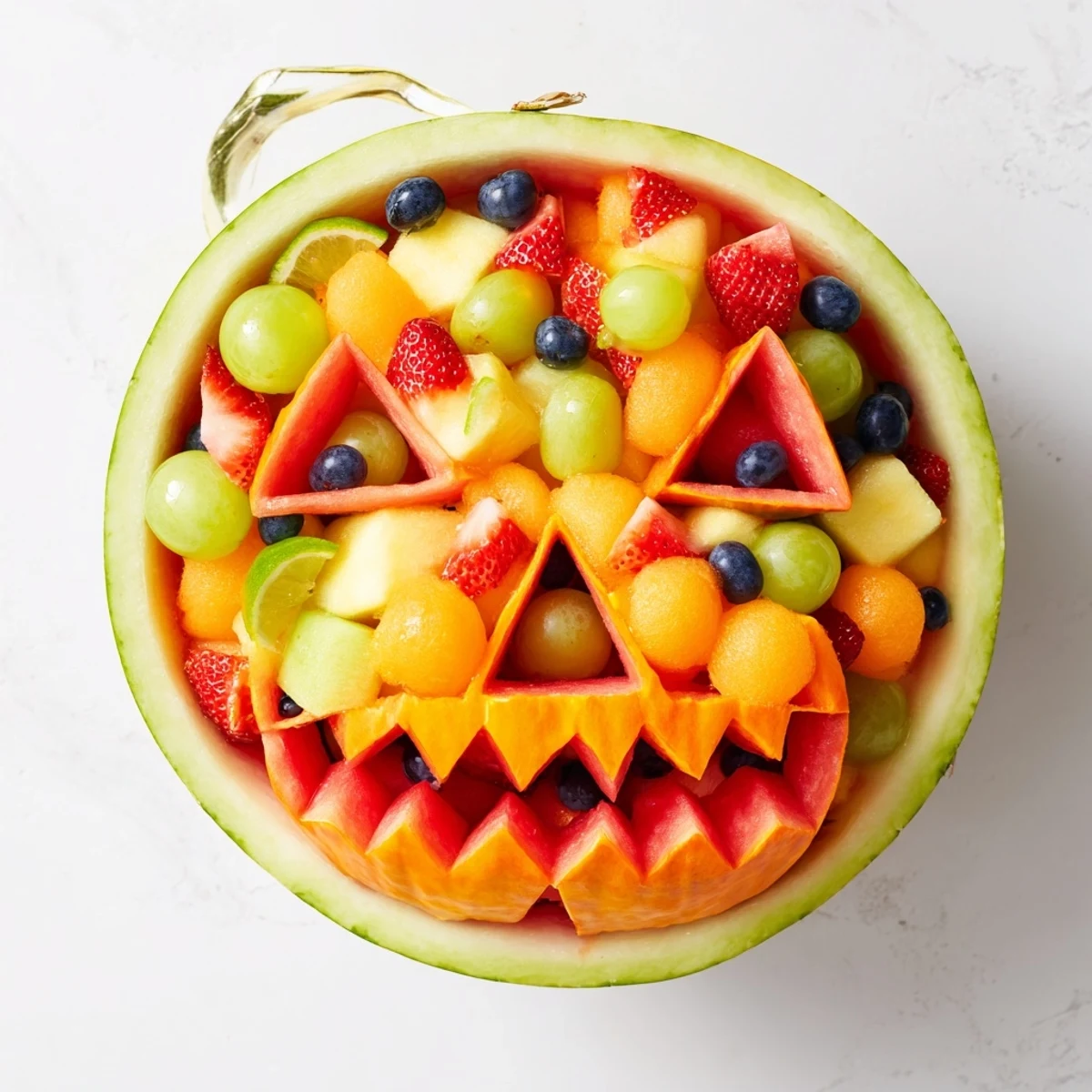 Festive watermelon Jack O Lantern serving bowl filled with juicy melon balls and strawberries