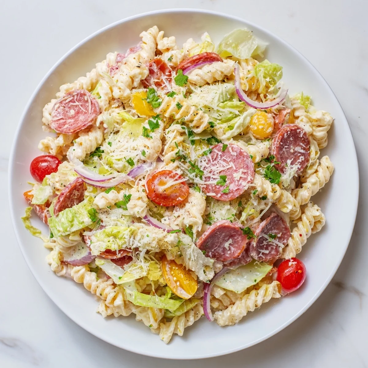 Colorful Italian grinder pasta salad bowl loaded with cured meats, cheese, crisp vegetables, and tangy dressing