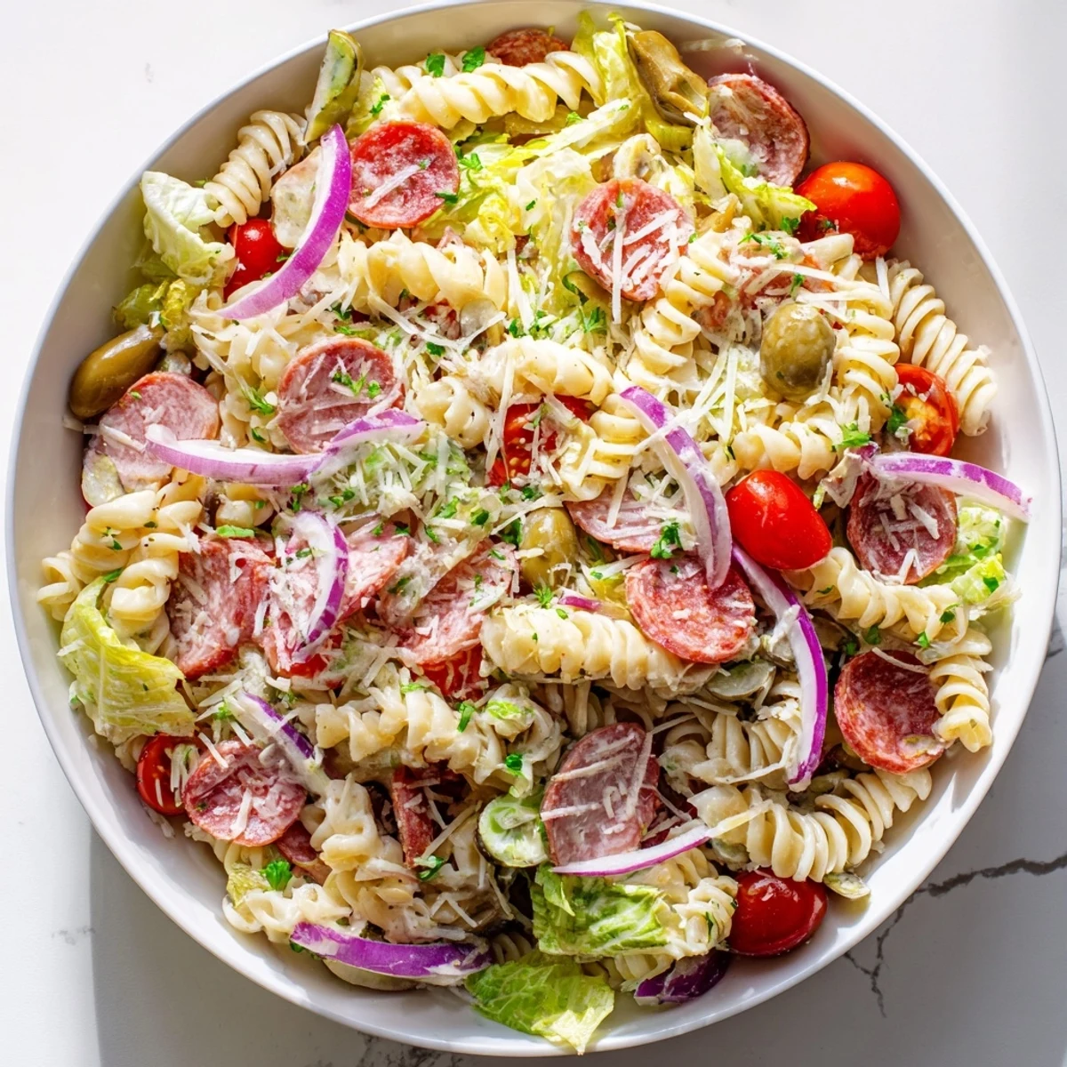 Crowd-pleasing Italian grinder pasta salad with zesty mayonnaise dressing, pepperoncini peppers, cherry tomatoes, and sliced deli meats