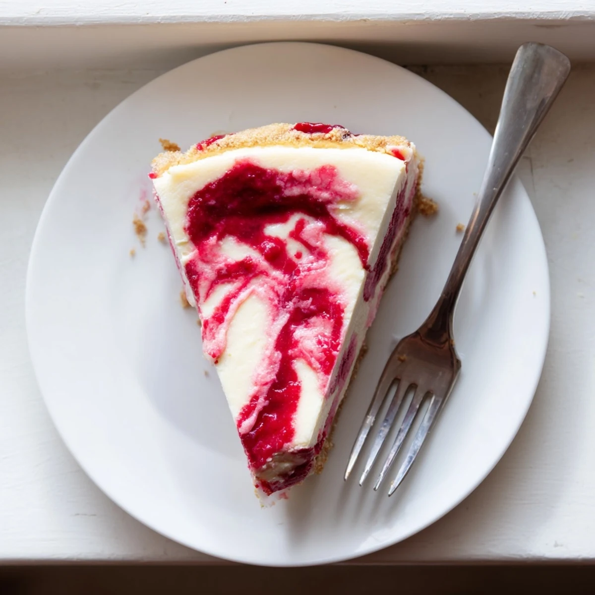 Creamy raspberry cheesecake slice with vibrant red berry swirls on graham cracker crust