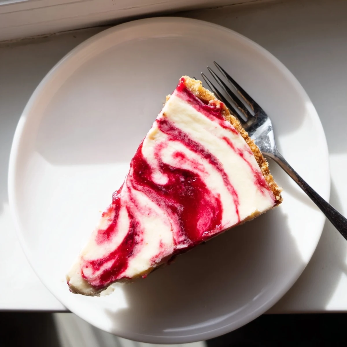 Homemade raspberry cheesecake featuring tart berry ribbons swirled into smooth vanilla cream filling