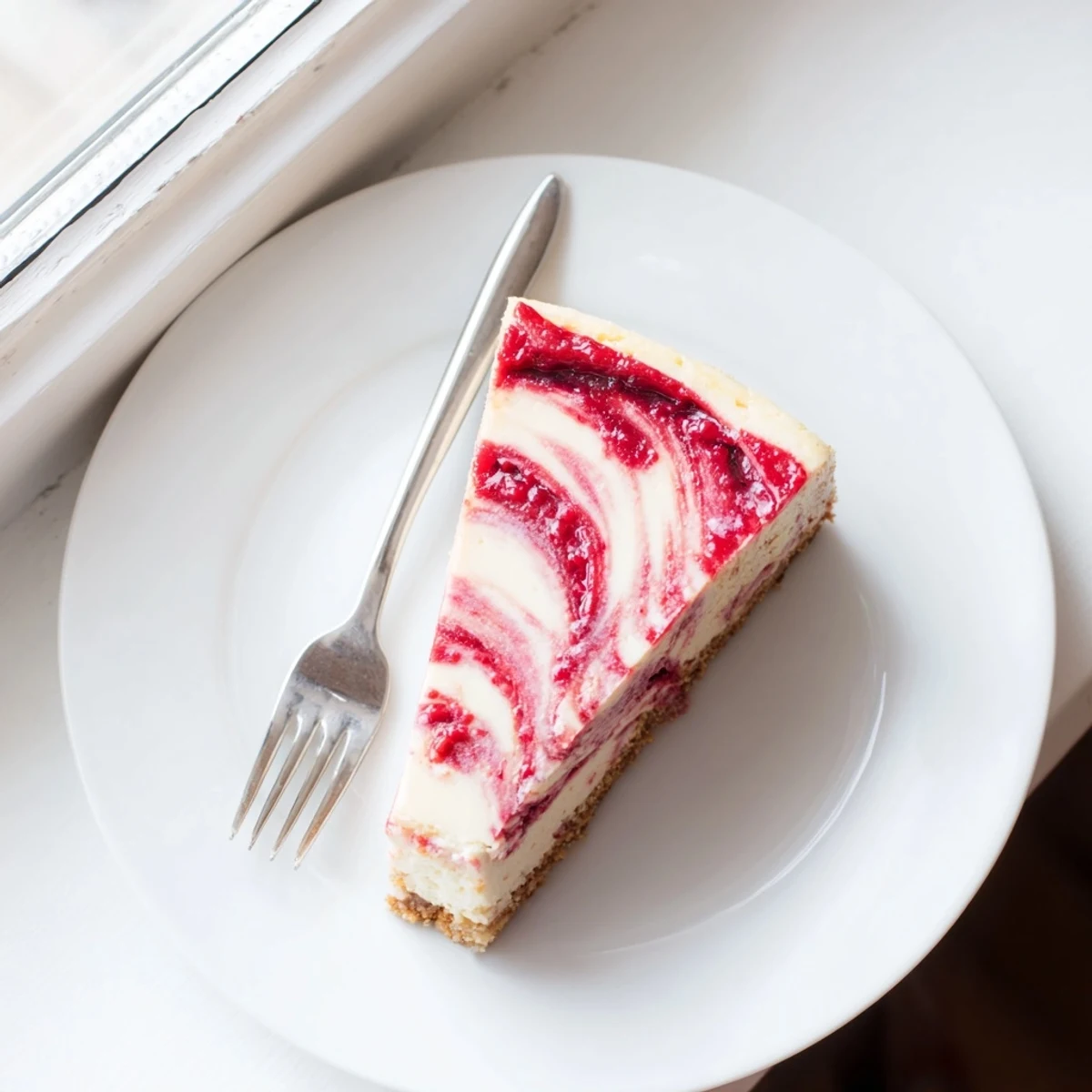 Velvety cheesecake topped with fresh raspberries and sweet raspberry sauce on buttery crust