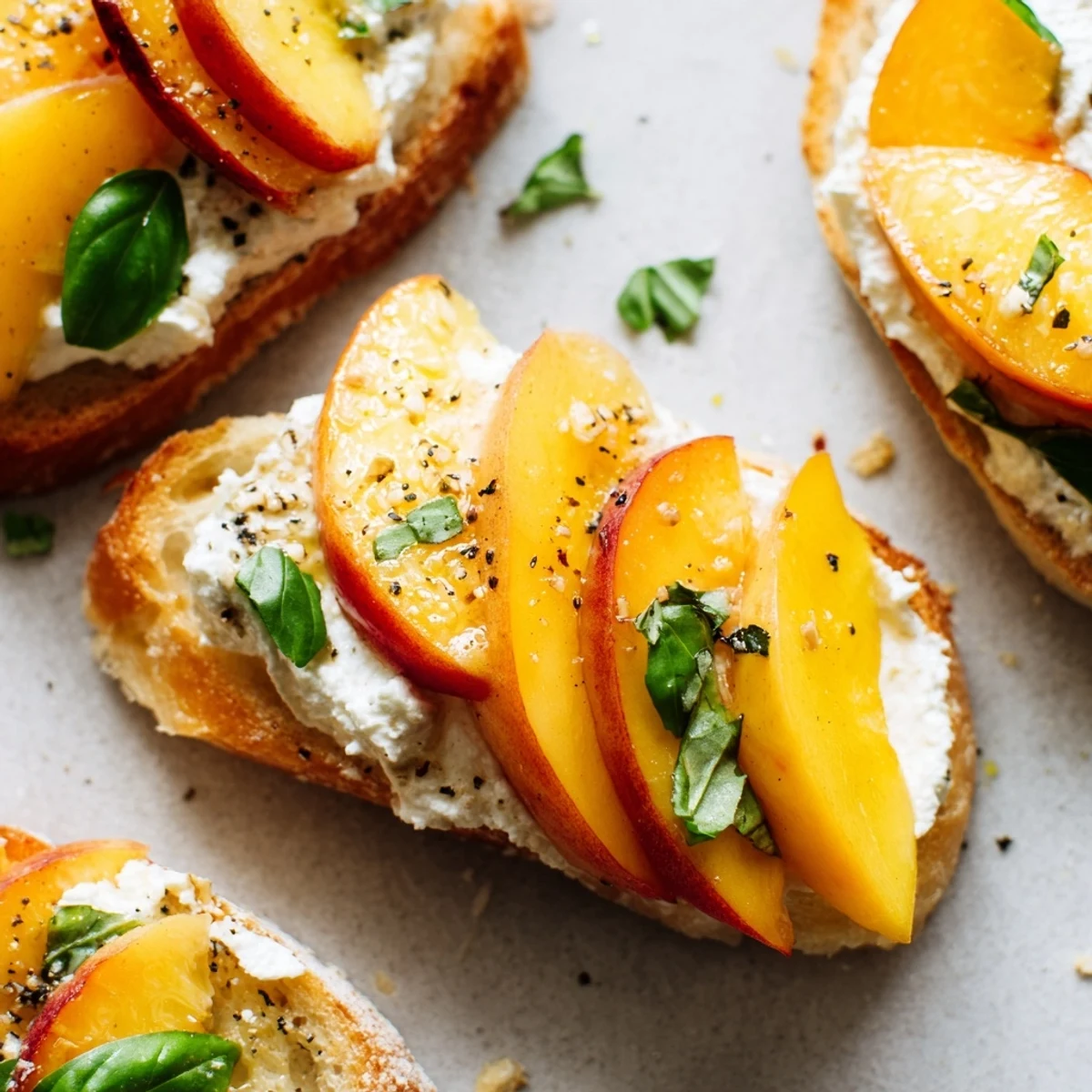 Golden baguette slices spread with fluffy whipped ricotta topped with vibrant peach slices and fresh green basil