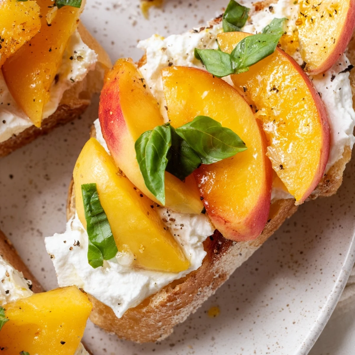 Summer appetizer featuring juicy peaches atop creamy ricotta spread on toasted rustic bread with herbs