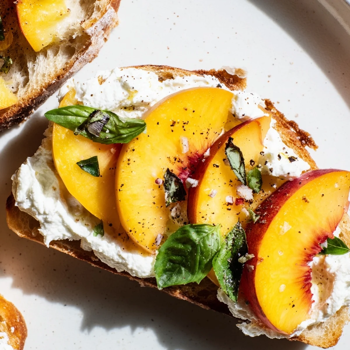 Crisp bruschetta topped with sweet peach slices whipped ricotta cheese and sprinkled fresh black pepper garnish