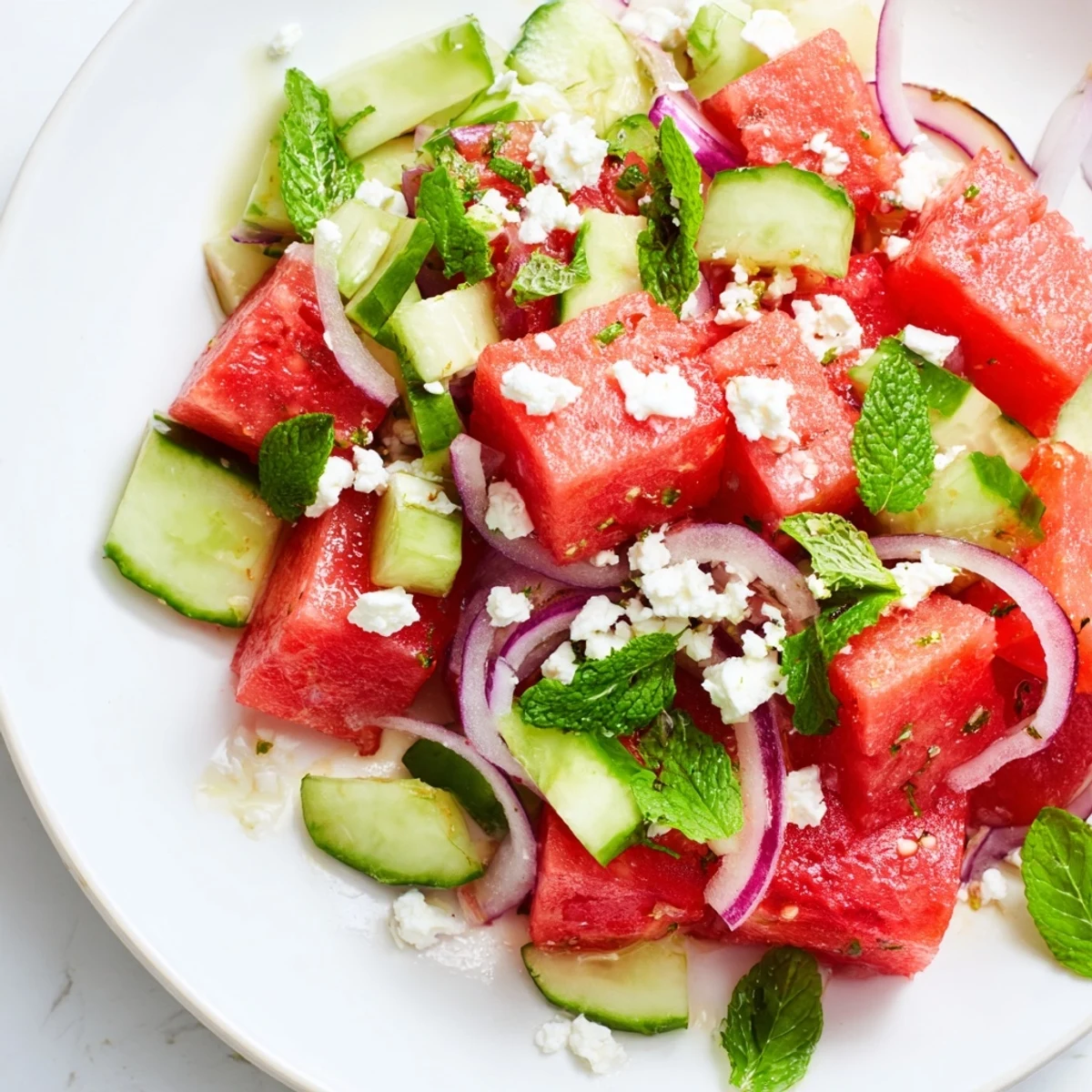 Fresh watermelon feta salad bowl with juicy cubes, crumbled white cheese, cucumber, and bright green mint leaves drizzled with olive oil dressing