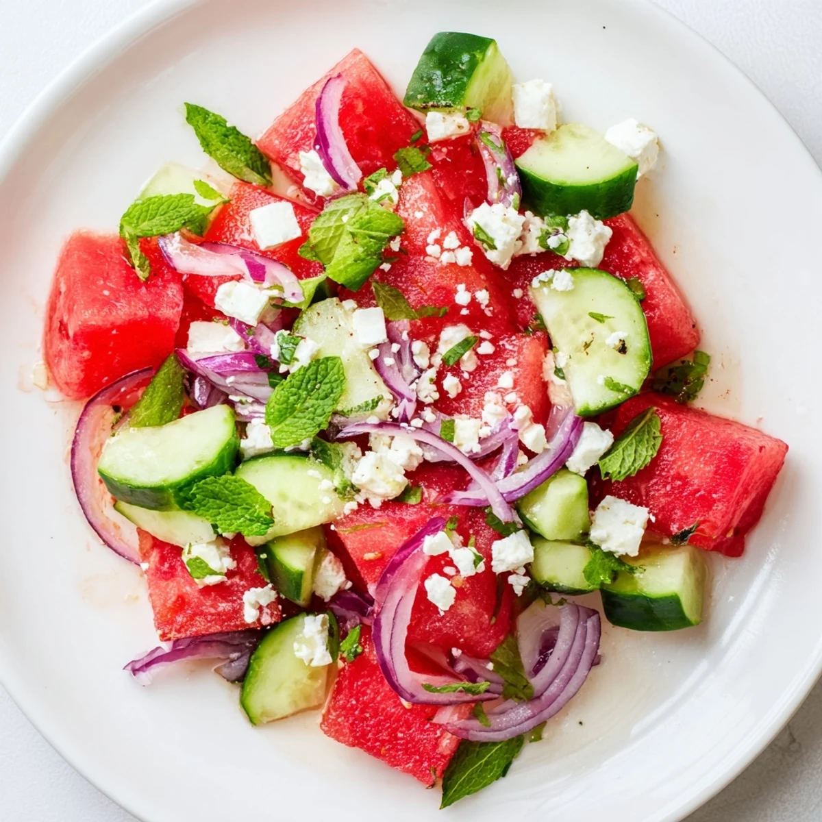Summer watermelon feta salad in glass bowl displaying layered watermelon chunks, cucumber pieces, feta cheese, and mint sprigs with lime dressing