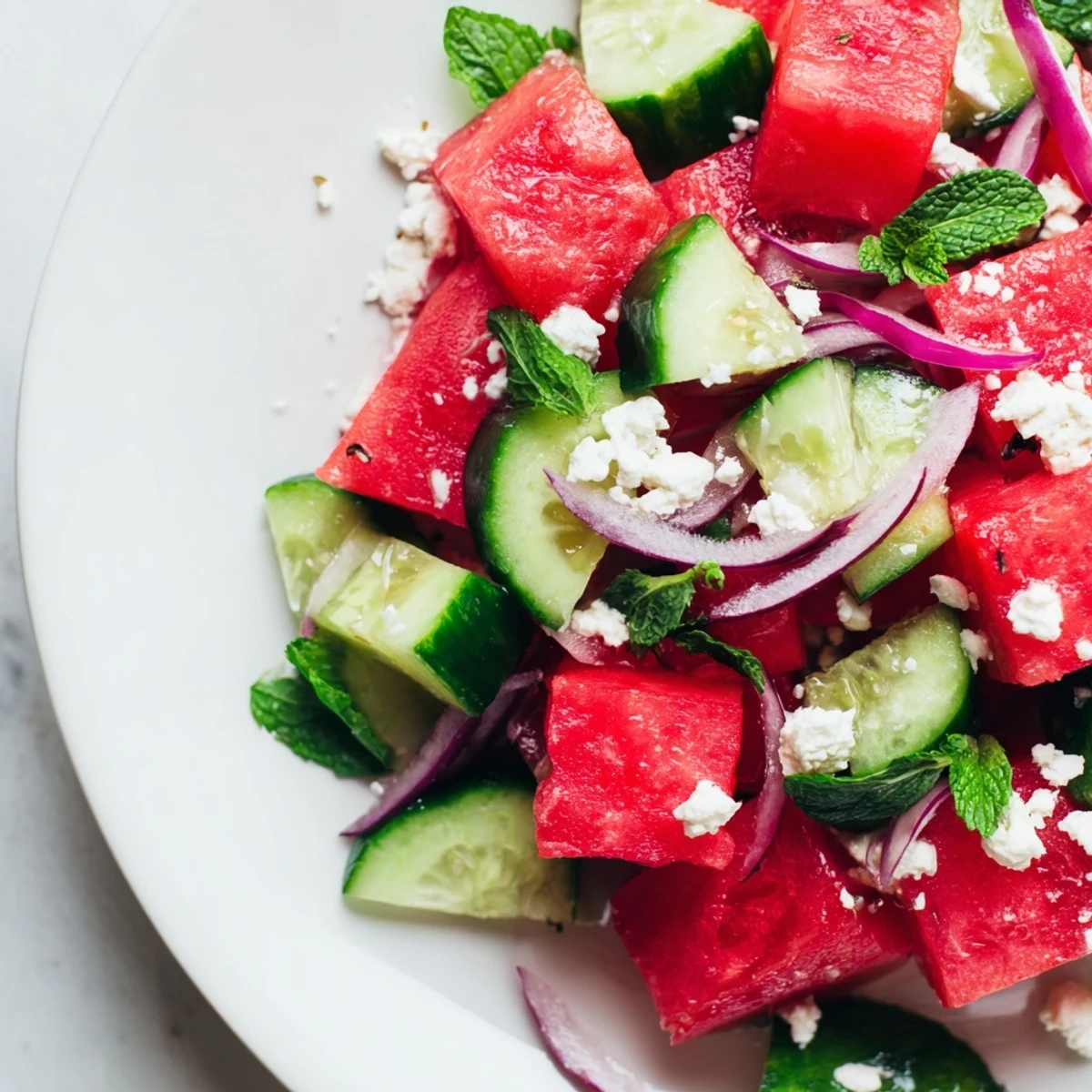Colorful Mediterranean watermelon feta salad served on white plate featuring pink fruit, creamy feta crumbles, red onion, and fresh mint garnish