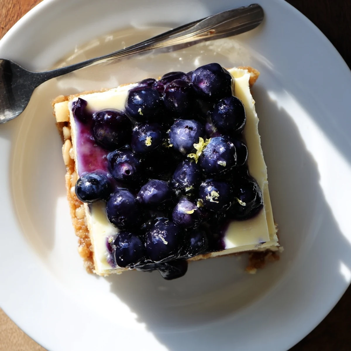 Sliced square of festive blueberry jamboree showcasing purple blueberry topping over white cream cheese filling and nutty crust
