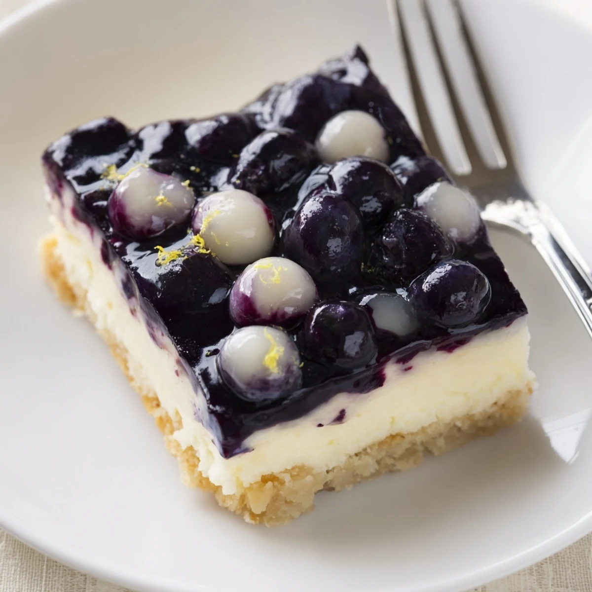 Holiday blueberry jamboree bar with three delicious layers of pecan crust vanilla cream cheese and glazed blueberries