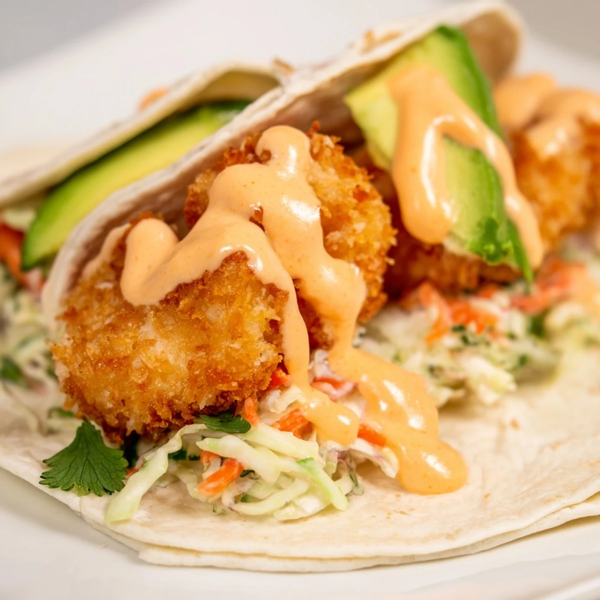 Golden Bang Bang shrimp tacos with crispy shrimp, colorful cabbage slaw, and creamy spicy sauce drizzled over warm tortillas