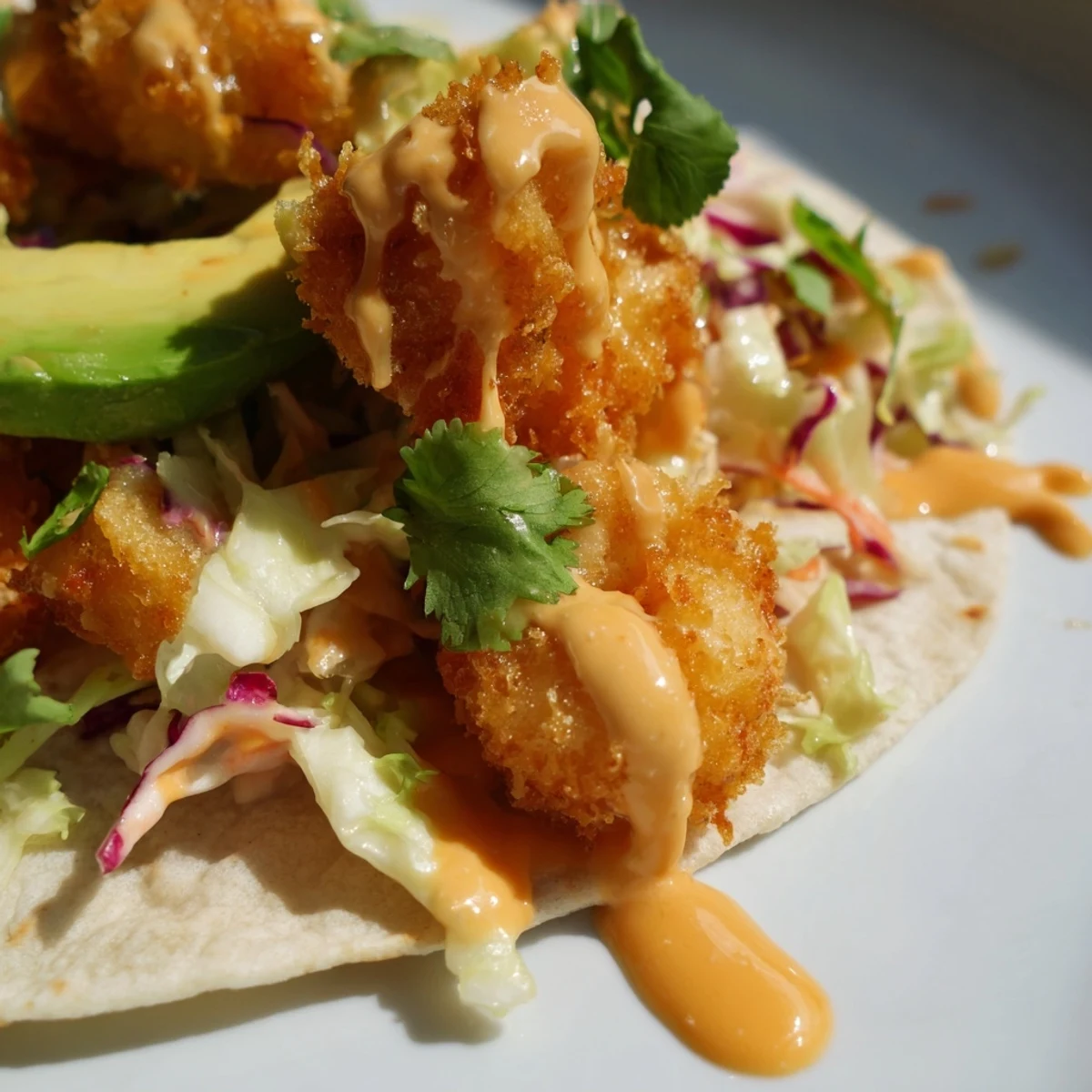 Crispy fried shrimp coated in Bang Bang sauce tucked inside flour tortillas topped with fresh avocado and crunchy vegetable slaw