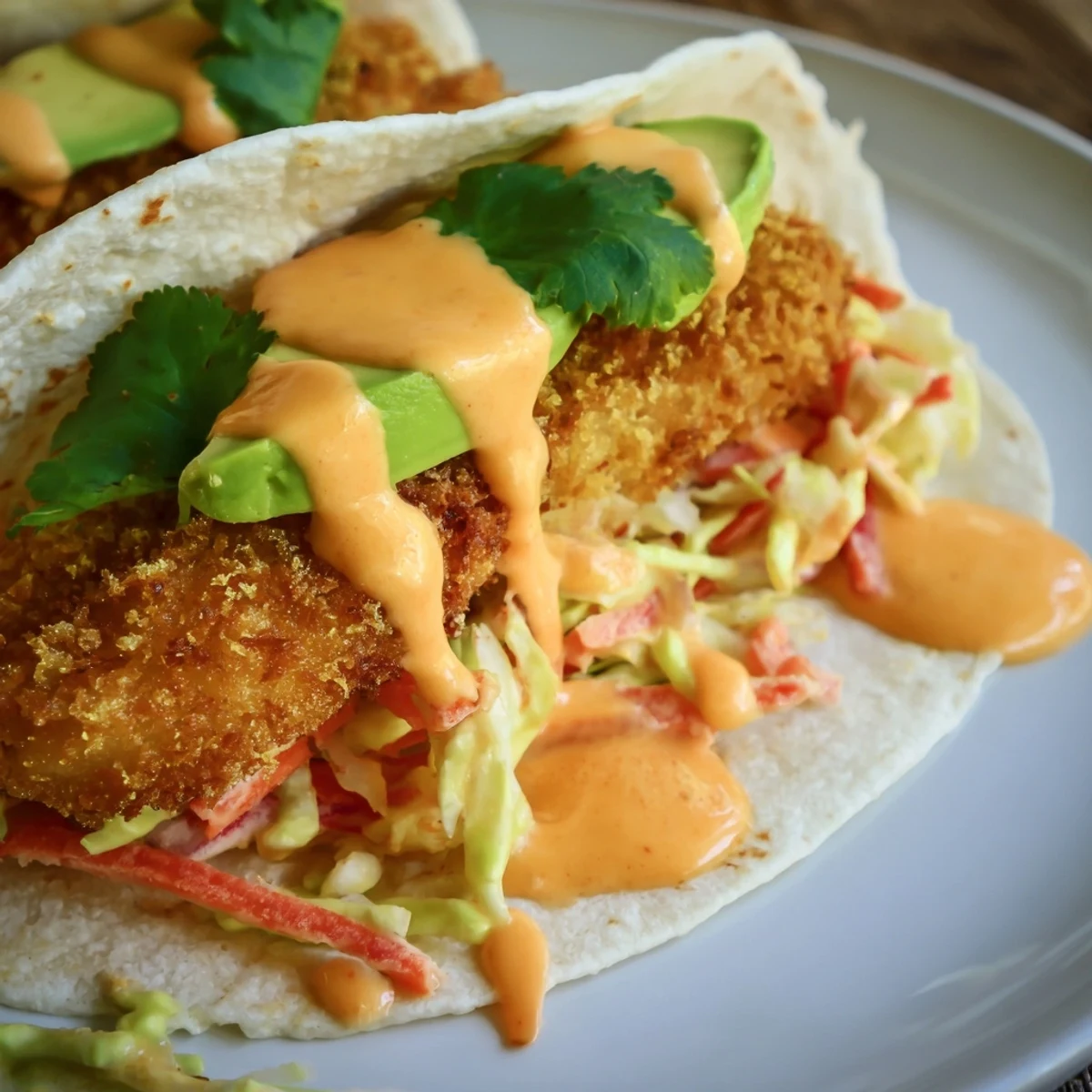 Homemade Bang Bang shrimp tacos featuring panko-breaded shrimp, tangy spicy mayo, zesty lime wedges, and crisp shredded cabbage slaw