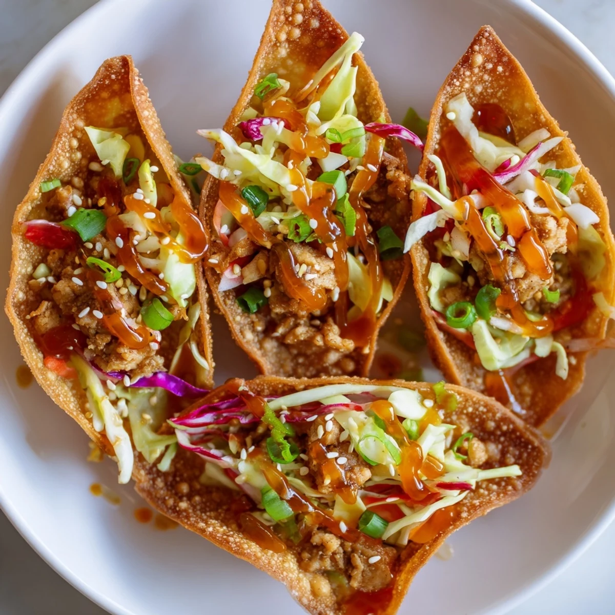 Golden crispy chicken wonton tacos topped with colorful Asian slaw and sweet chili drizzle