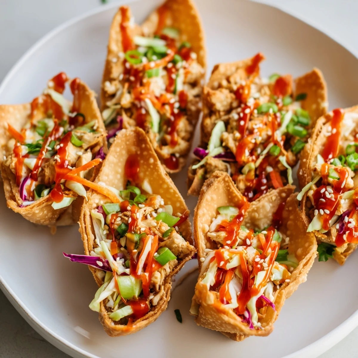 Handheld crispy wonton tacos filled with savory chicken and crunchy vibrant cabbage slaw