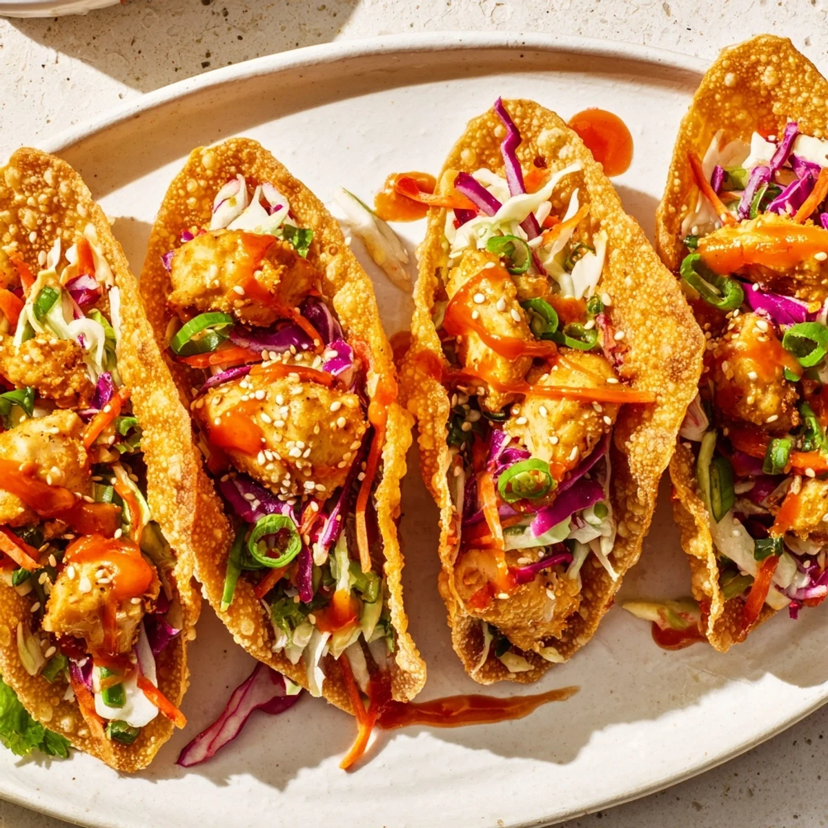 Fusion crispy chicken wonton tacos garnished with fresh cilantro and tangy sweet chili sauce