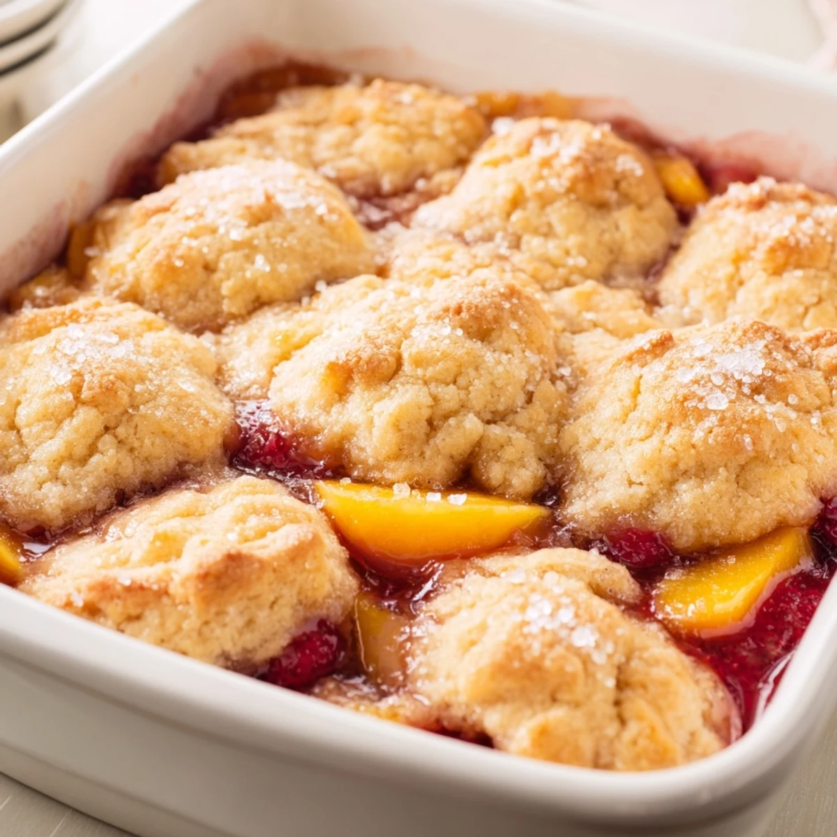 Warm summer dessert featuring sweet peaches and tart raspberries with golden vanilla biscuit crust