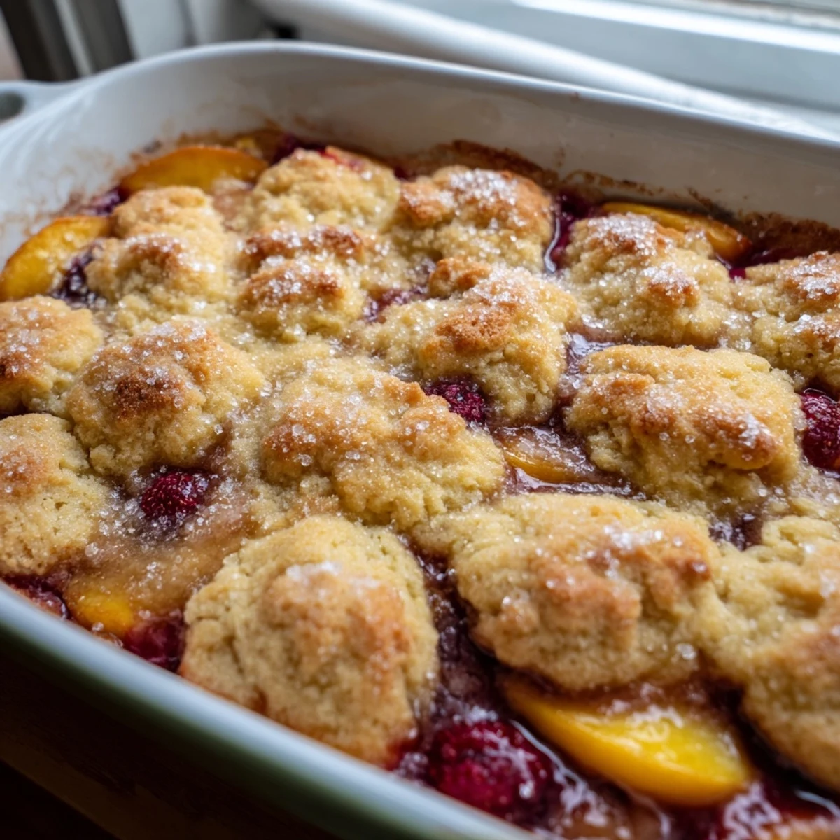 Golden peach and raspberry cobbler bubbling beneath a buttery biscuit topping in a baking dish