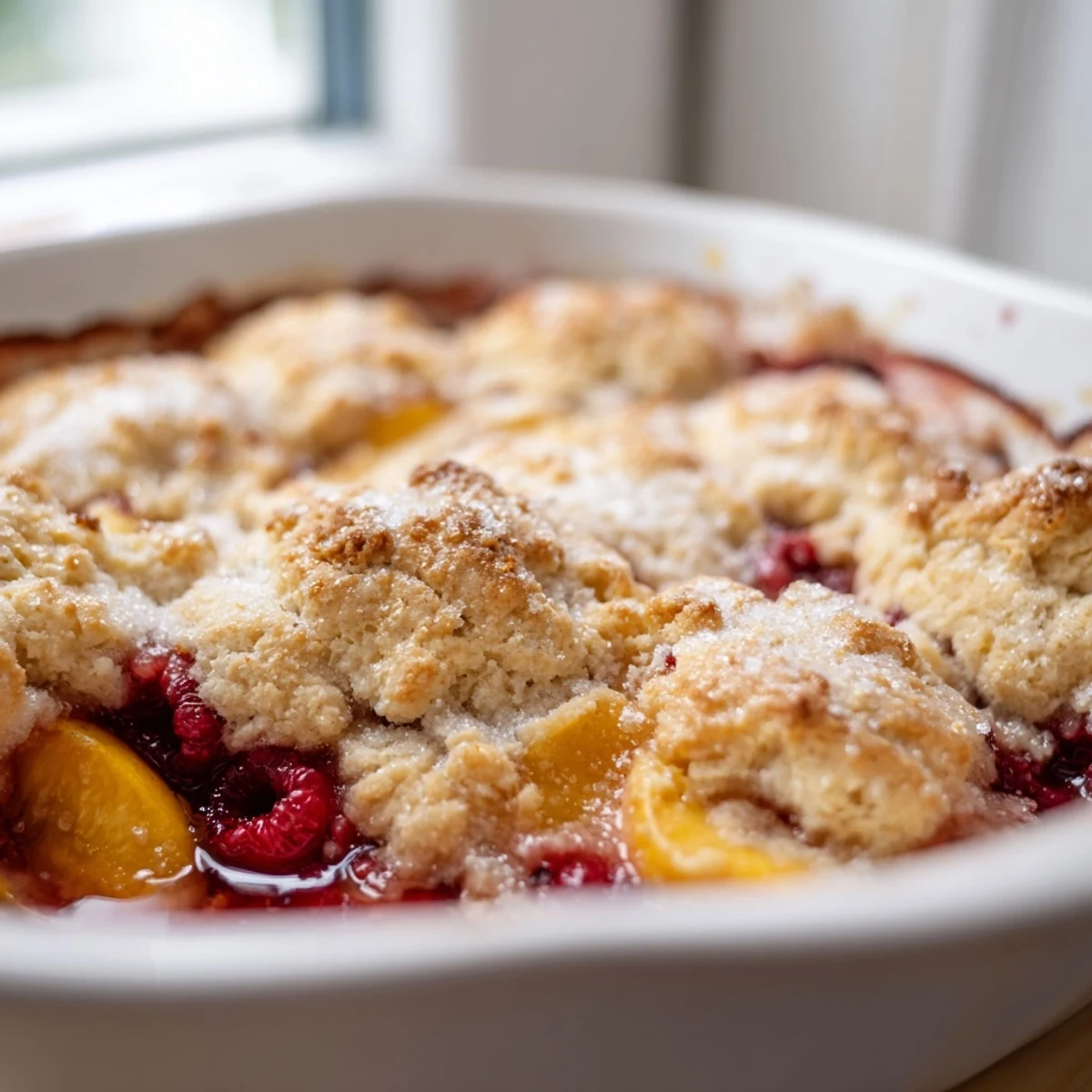 Rustic peach and raspberry cobbler served fresh from the oven with vanilla ice cream on top