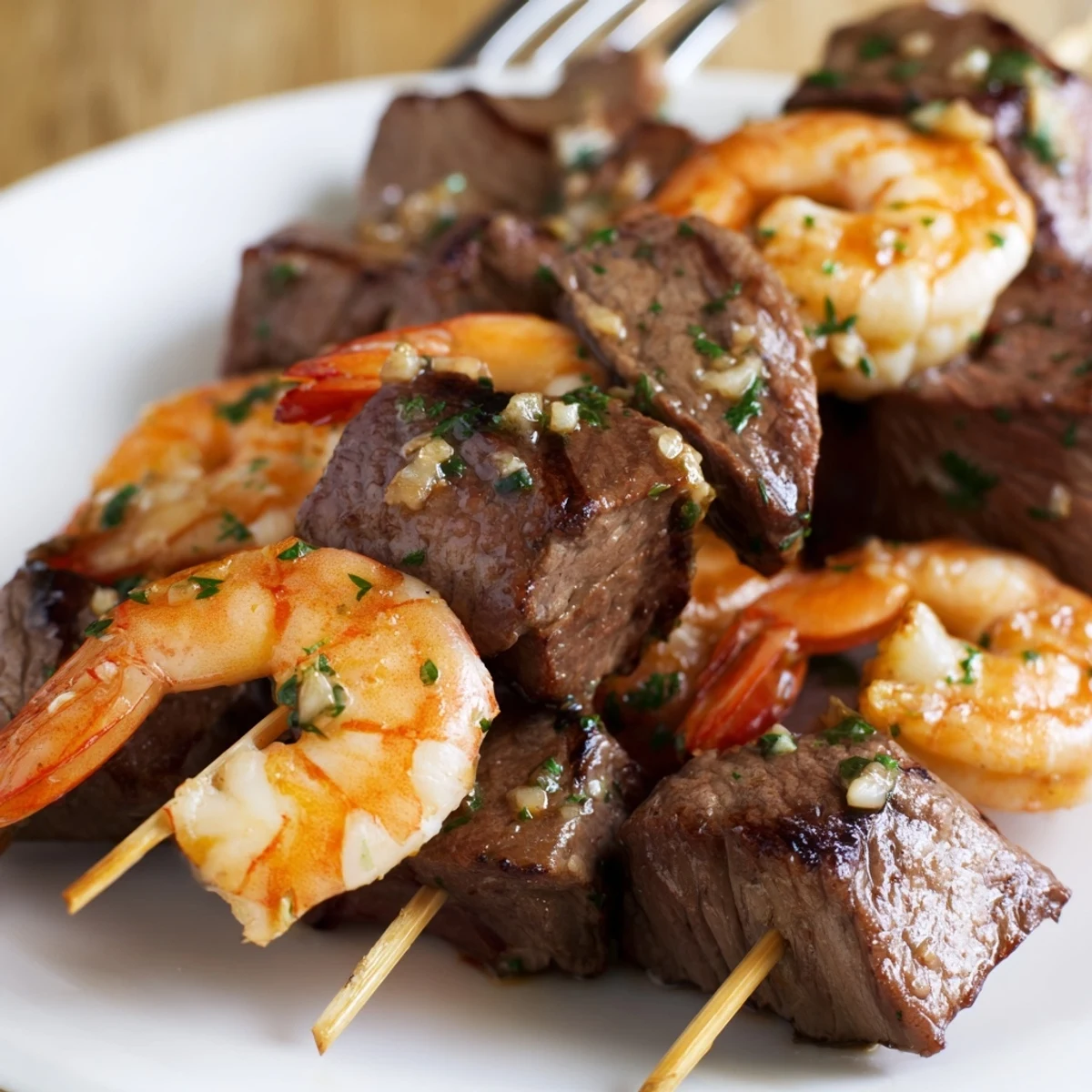 Golden grilled steak and shrimp skewers brushed with melted garlic butter sauce