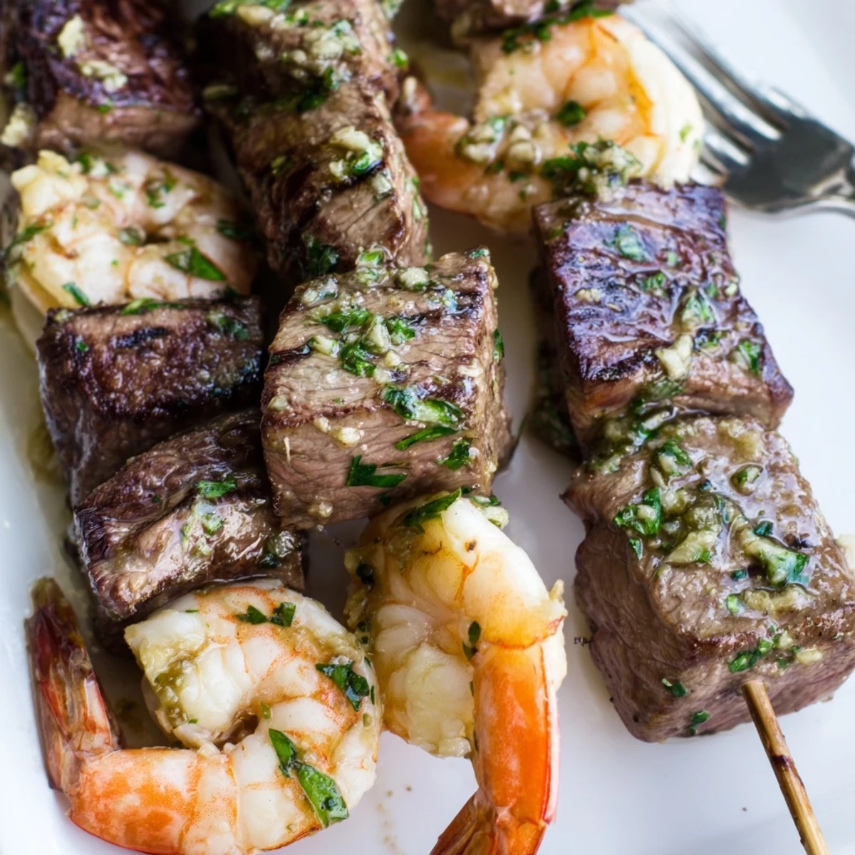 Appetizing grilled steak and shrimp skewers drizzled with rich garlic butter and parsley