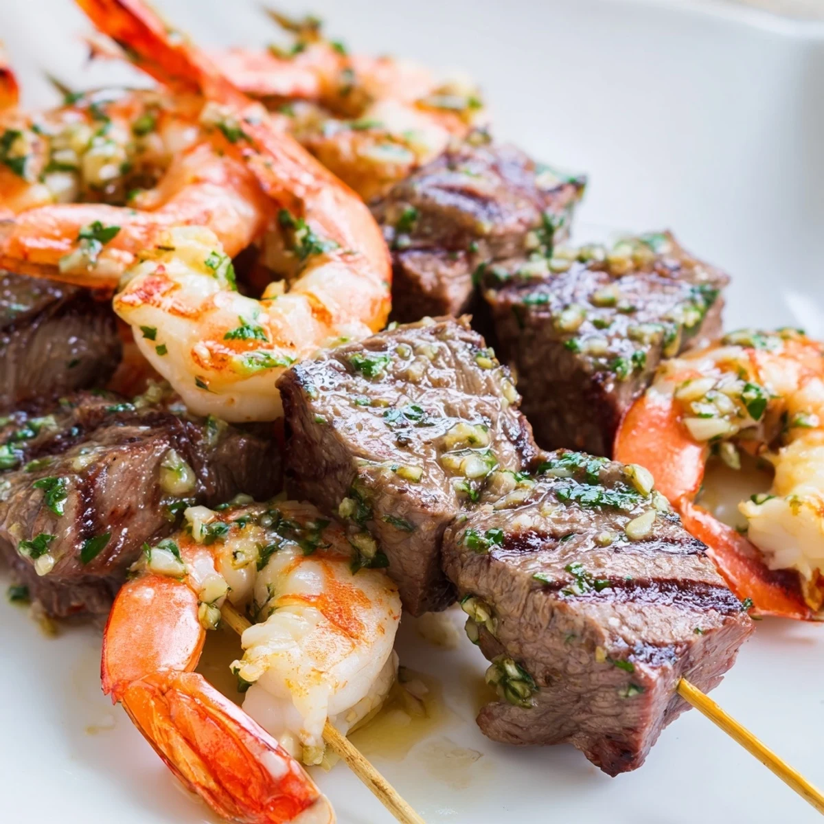 Sizzling surf-and-turf skewers featuring tender steak cubes and pink shrimp over charcoal flames