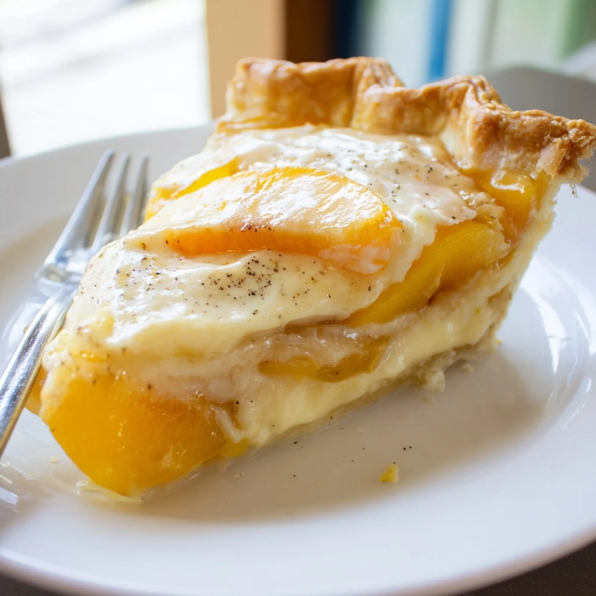 Slice of homemade peach custard pie revealing tender peaches in smooth custard on white plate