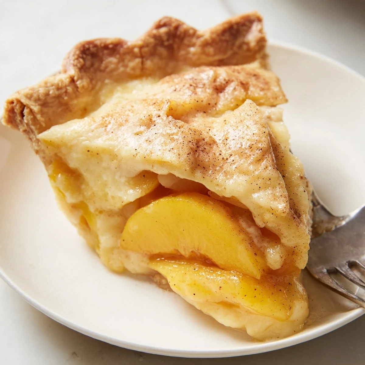Golden peach custard pie with caramelized fruit slices nestled in creamy vanilla filling