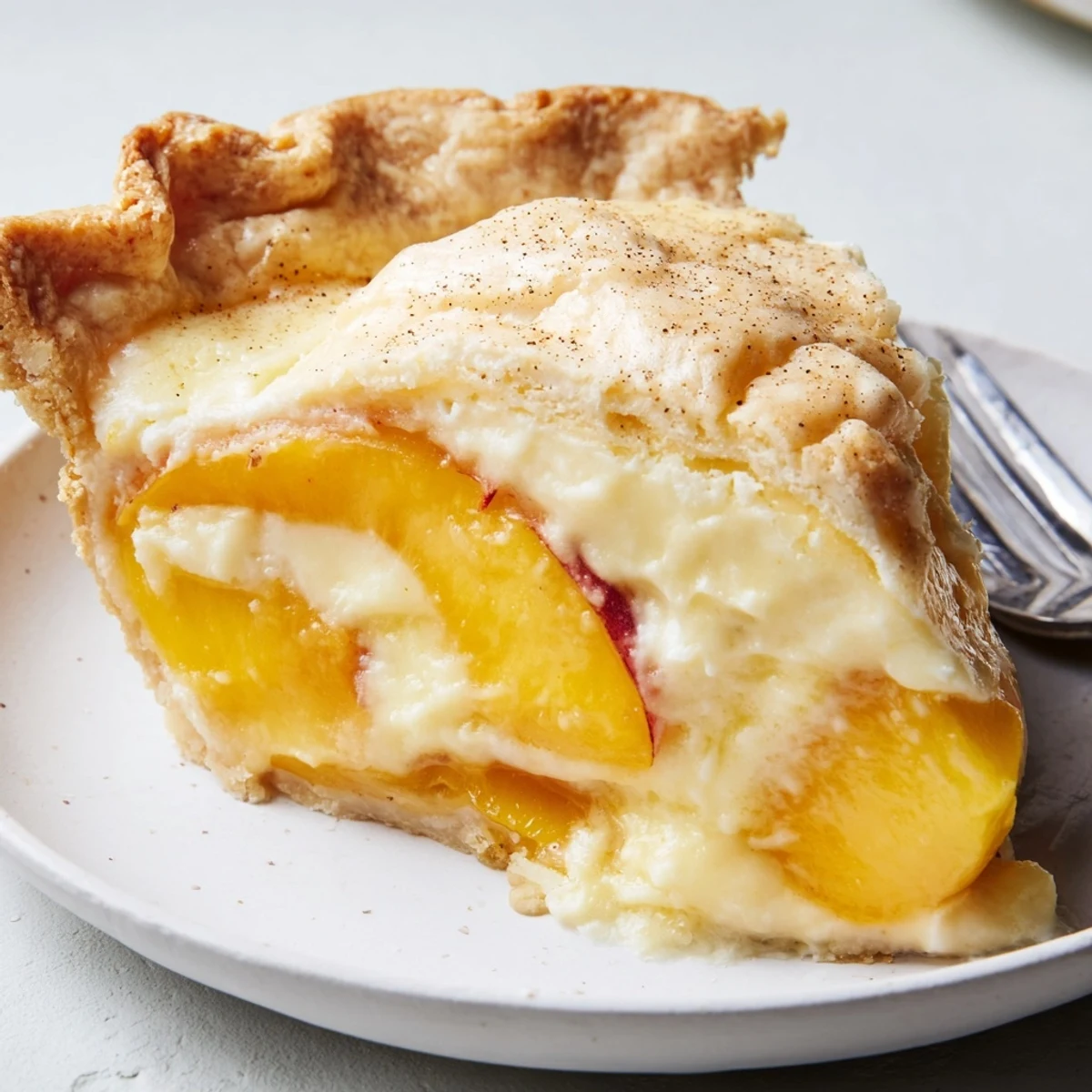 Fresh peach custard pie baked until golden with flaky crust and speckled nutmeg topping