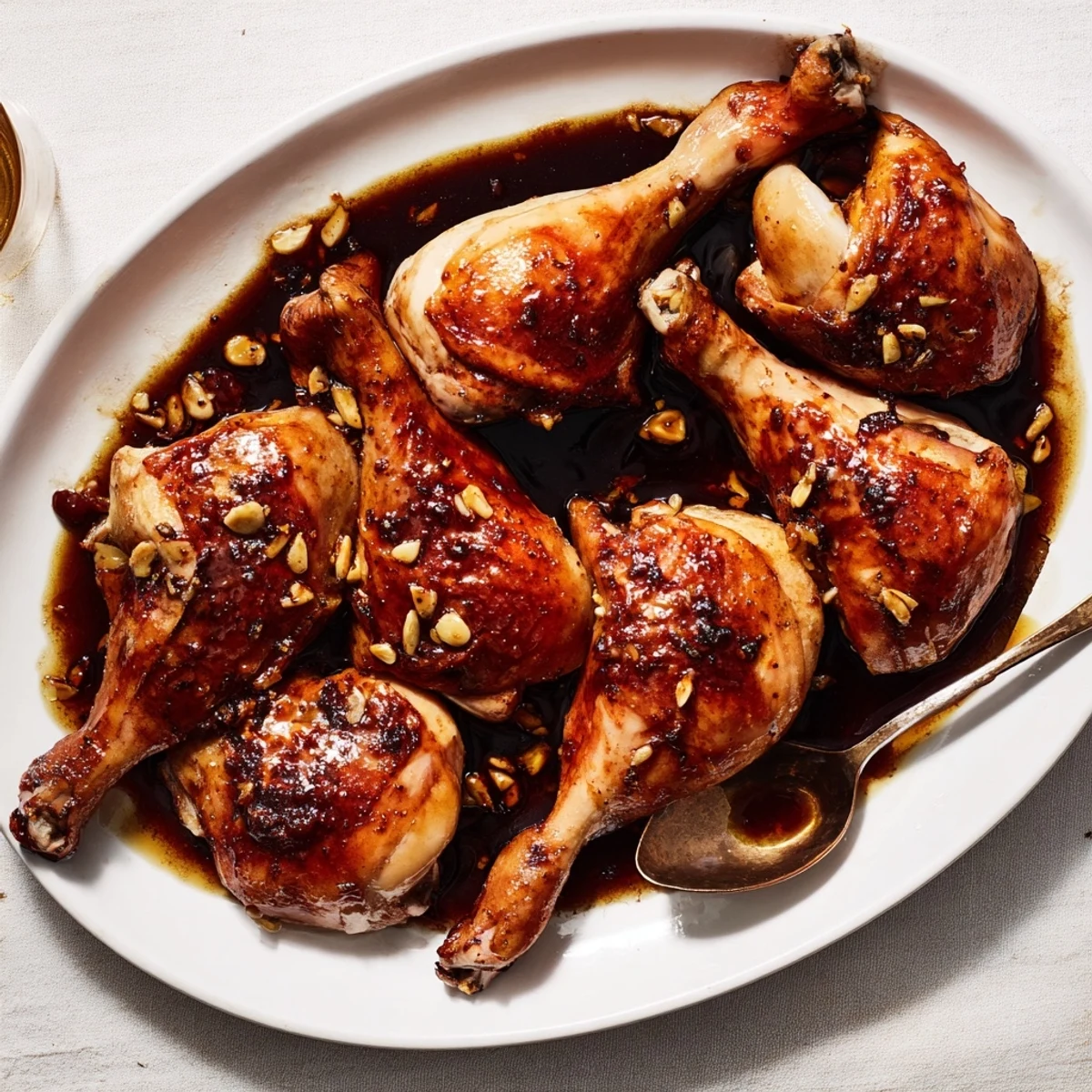 Succulent marinated chicken pieces basted in ginger soy sauce on serving platter