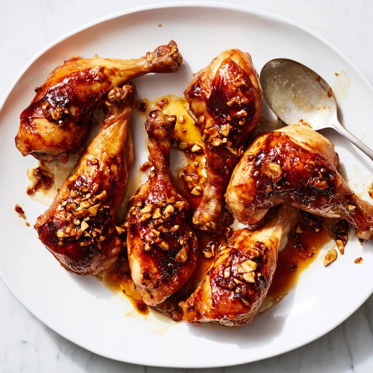 Oven-baked Indonesian chicken pieces with dark sticky marinade and fresh garnish