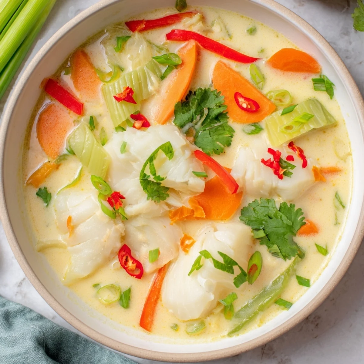Creamy coconut lime fish soup in white bowl garnished with fresh cilantro and green onions