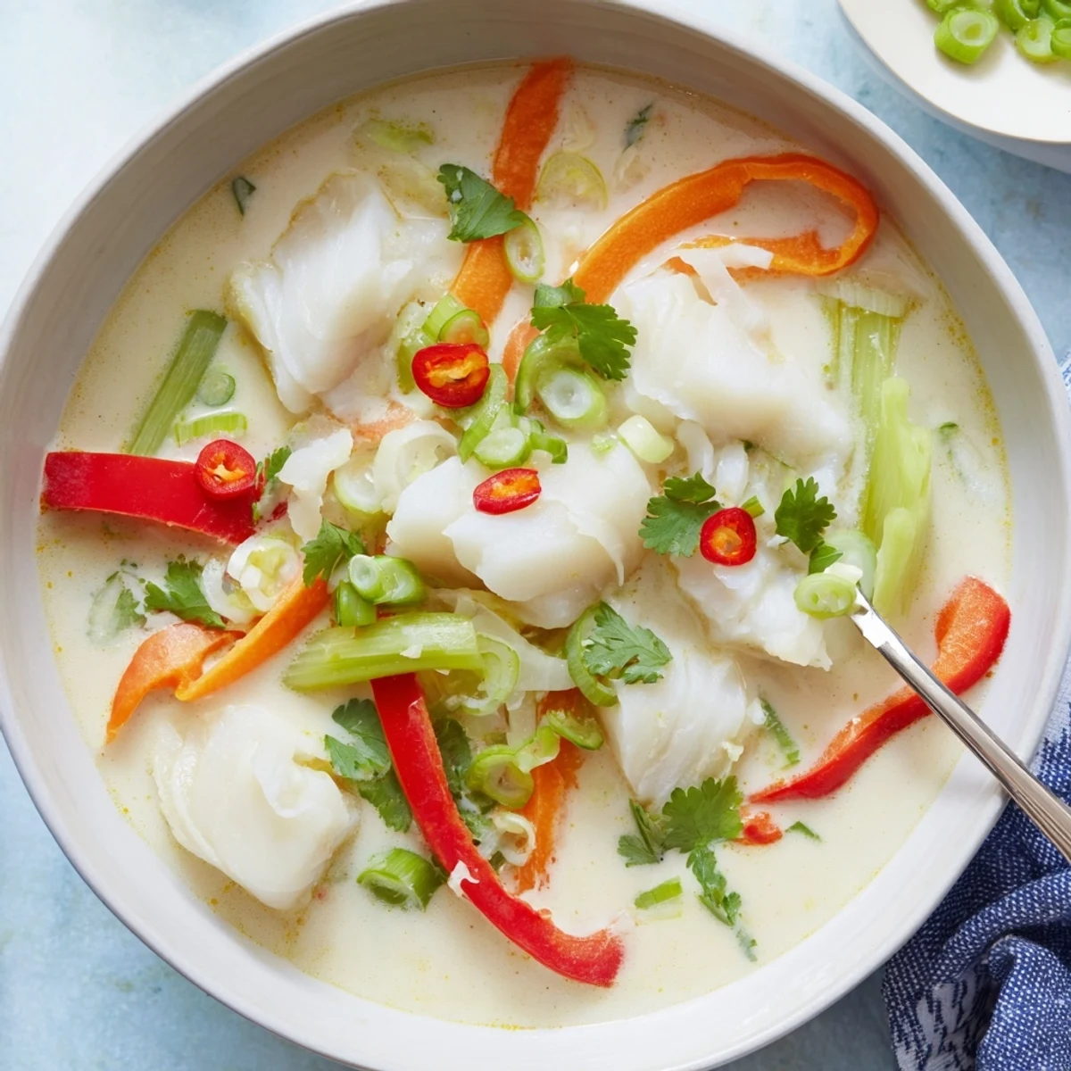 Steamy bowl of coconut lime fish soup with tender white fish pieces and vibrant vegetables