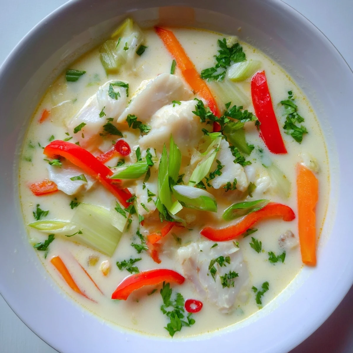 Close up of creamy fish soup with coconut milk broth and zesty lime wedges on side
