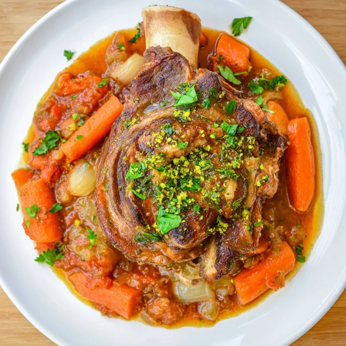 Golden brown veal shanks braised in rich tomato wine sauce with tender meat