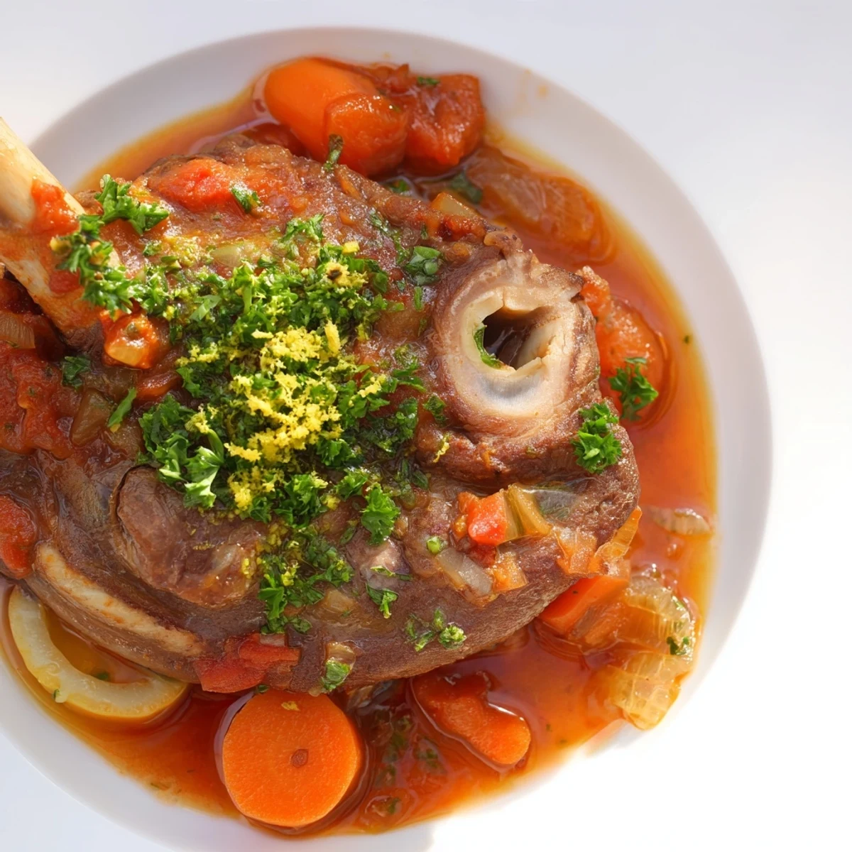 Classic Ina Garten veal shanks served over creamy risotto with fresh gremolata garnish