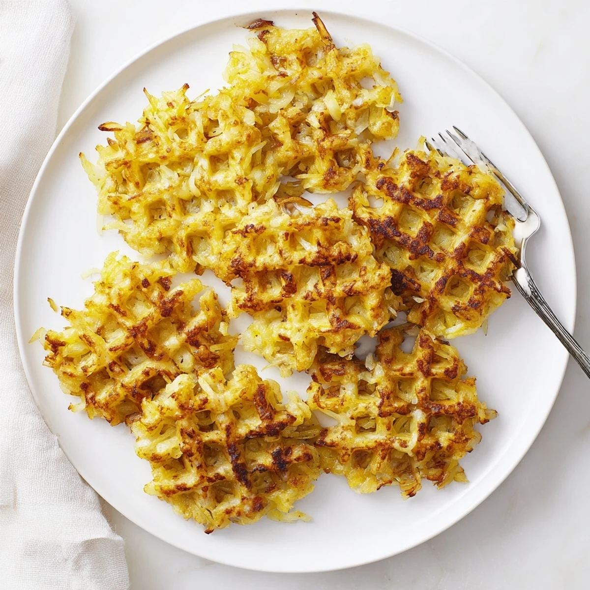 Golden crispy waffle iron hashbrowns with deep ridges, ready for breakfast toppings