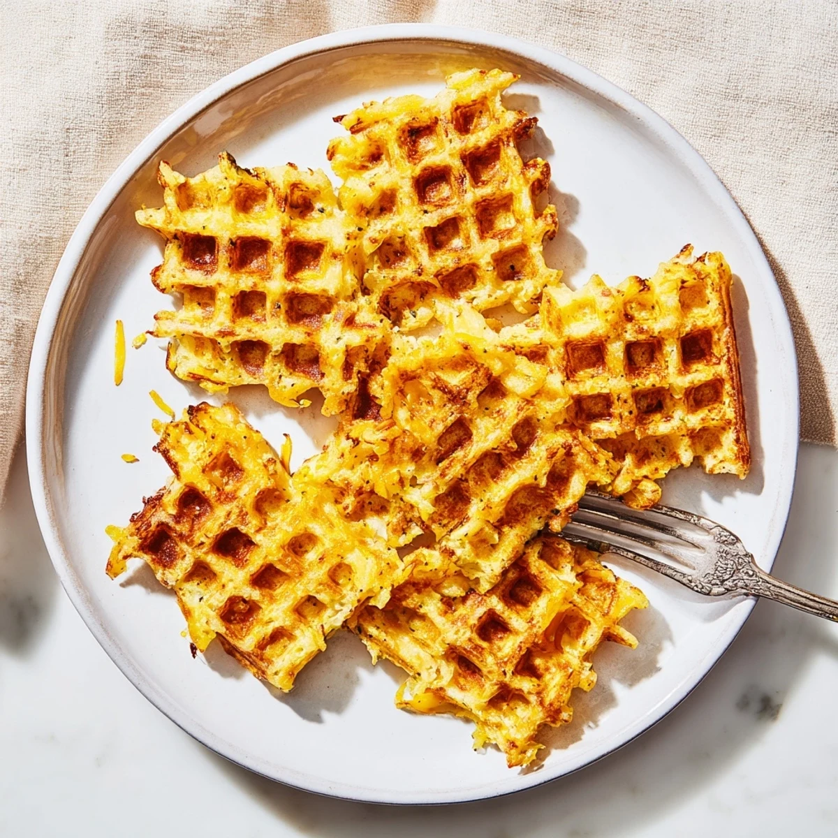 Plate of homemade waffle iron hashbrowns garnished with fresh herbs for brunch