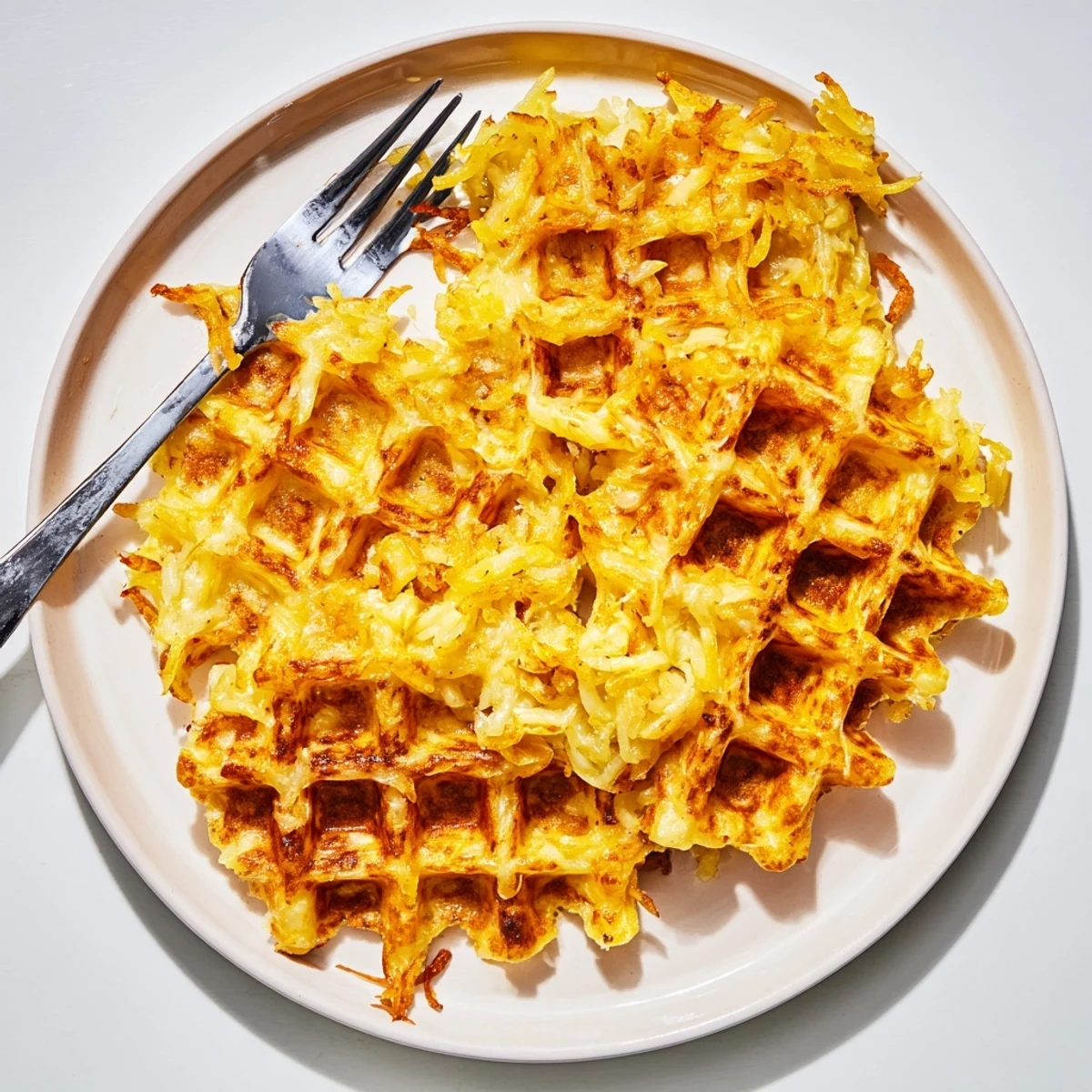 Waffle iron hashbrowns cooking until perfectly browned with buttery crisp edges