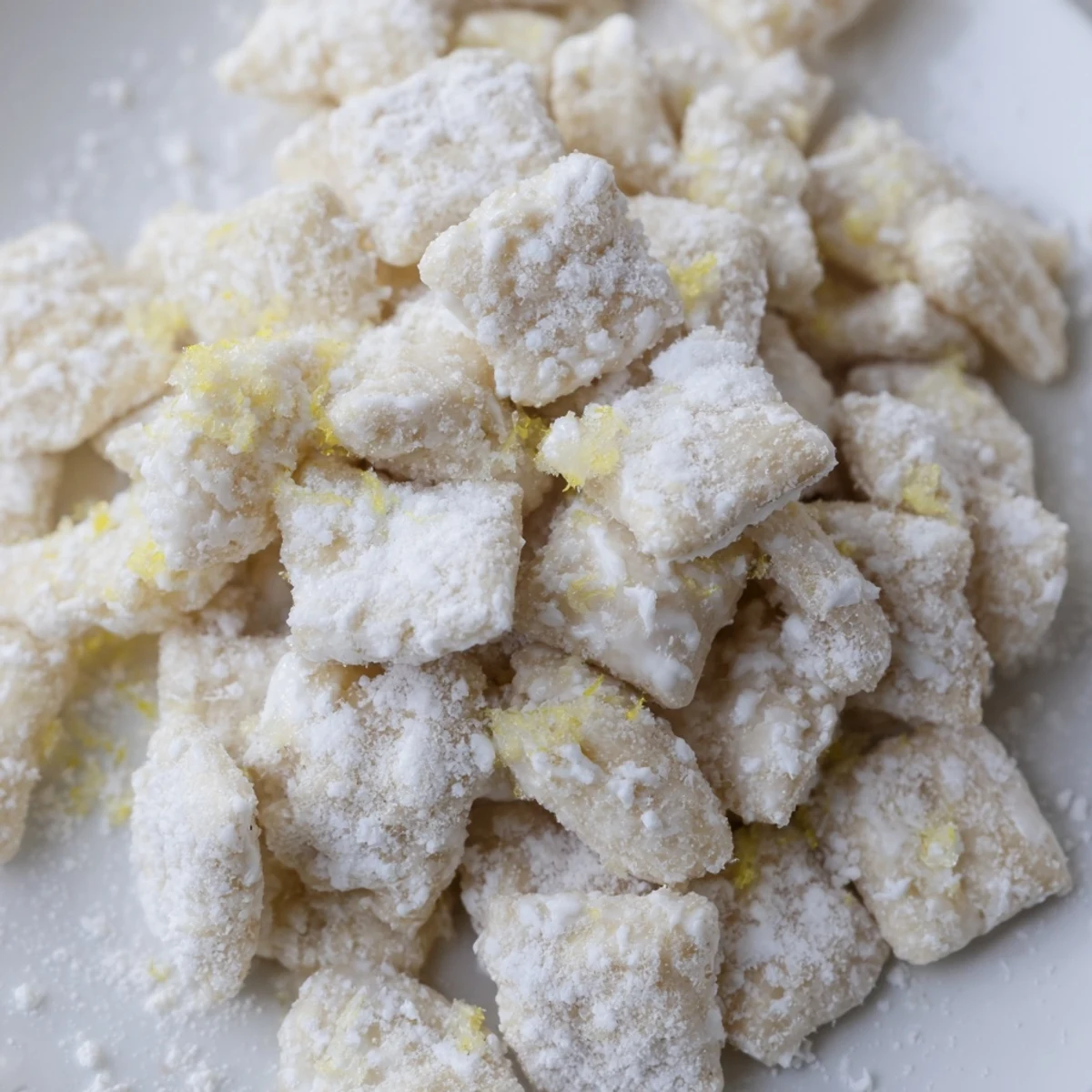 White chocolate coated lemonade puppy chow snack dusted with powdered sugar and lemon zest